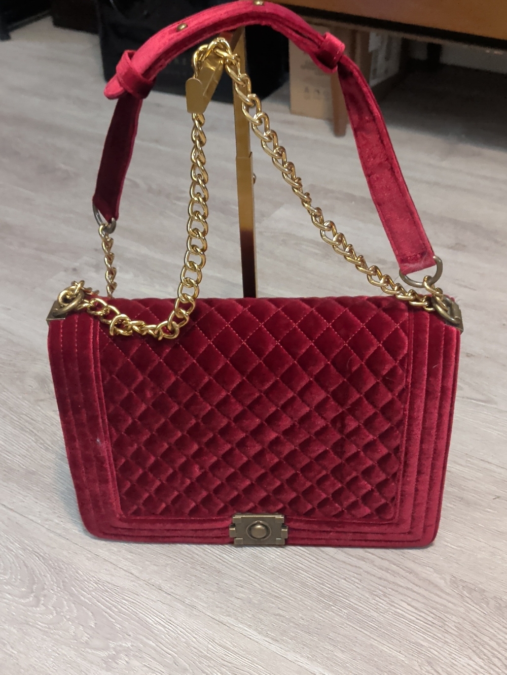 New Condition Quilted Velvet Shoulder Bag in Deep Red with Gold Chain
